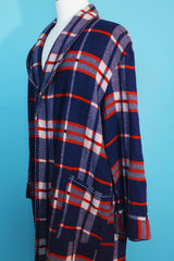 Women's or men's vintage 1950's Beacon label long sleeve long length plaid print dressing gown in purple, red, and white plaid print.