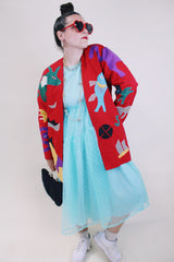 Women's vintage 1980's Mr. Girasol, Made in Mexico label long sleeve open front lightweight jacket in red with all over multicolored animals.