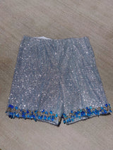 silver metallic tinsel sleeveless long top and shorts with blue beaded detail around chest and hem of shorts, costume vintage 1980's saks ally