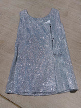silver metallic tinsel sleeveless long top and shorts with blue beaded detail around chest and hem of shorts, costume vintage 1980's saks ally
