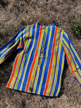 long sleeve mock neck top in green orange and blue vertical stripes vintage women's 1960's
