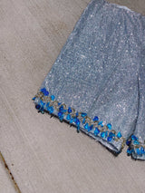 silver metallic tinsel sleeveless long top and shorts with blue beaded detail around chest and hem of shorts, costume vintage 1980's saks ally