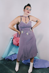 Women's vintage 1980's 100% silk light purple dress with beaded chest, spaghetti straps, V shaped neckline, and a midi length and comes with a matching sheer silk caplet