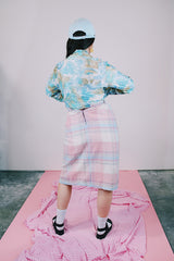 high waisted pink blue and white plaid wool skirt midi length vintage women's 1960's