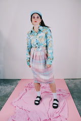 high waisted pink blue and white plaid wool skirt midi length vintage women's 1960's