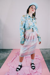 high waisted pink blue and white plaid wool skirt midi length vintage women's 1960's