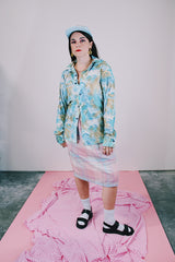 long sleeve blue printed button up shirt vintage 1970's