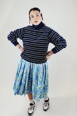 long sleeve navy striped velour half zip pullover vintage 1980's