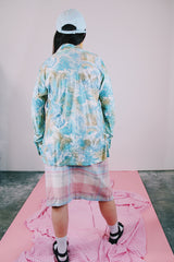 long sleeve blue printed button up shirt vintage 1970's