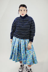 long sleeve navy striped velour half zip pullover vintage 1980's