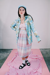 long sleeve blue printed button up shirt vintage 1970's