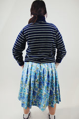 long sleeve navy striped velour half zip pullover vintage 1980's