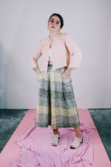 grey and yellow plaid print linen blend skirt vintage 1970's