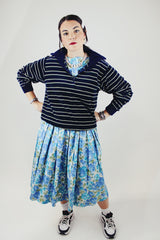 long sleeve navy striped velour half zip pullover vintage 1980's