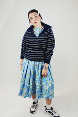 long sleeve navy striped velour half zip pullover vintage 1980's