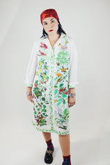 long sleeve mid length shirt dress in white with all over bird print polyester women's vintage 1960's