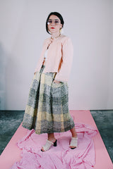 grey and yellow plaid print linen blend skirt vintage 1970's