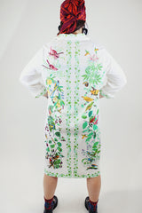 long sleeve mid length shirt dress in white with all over bird print polyester women's vintage 1960's