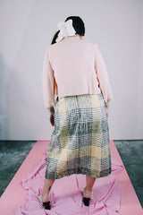 grey and yellow plaid print linen blend skirt vintage 1970's