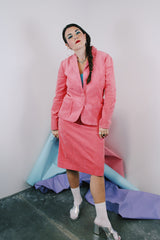 Women's vintage 1980's matching pink soft suede blazer and pencil skirt