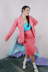 Women's vintage 1980's matching pink soft suede blazer and pencil skirt