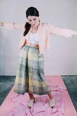 grey and yellow plaid print linen blend skirt vintage 1970's