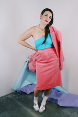 Women's vintage 1980's matching pink soft suede blazer and pencil skirt