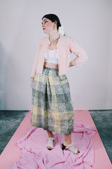 grey and yellow plaid print linen blend skirt vintage 1970's