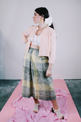 grey and yellow plaid print linen blend skirt vintage 1970's