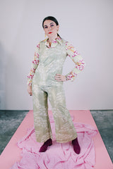 pale green with gold metallic accents sleeveless top and pants set vintage 1960's