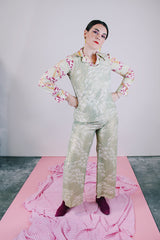 pale green with gold metallic accents sleeveless top and pants set vintage 1960's