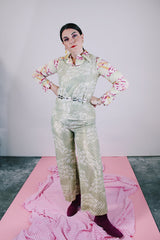 pale green with gold metallic accents sleeveless top and pants set vintage 1960's
