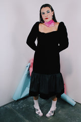 Women's vintage 1980's long sleeve black velvet dress with Polyester peplum skirt bottom