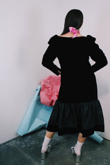 Women's vintage 1980's long sleeve black velvet dress with Polyester peplum skirt bottom