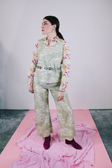 pale green with gold metallic accents sleeveless top and pants set vintage 1960's