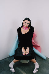 Women's vintage 1980's long sleeve black velvet dress with Polyester peplum skirt bottom