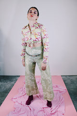 long sleeve cropped tie waist polyester blouse with green and pink bridge and cloud print vintage 1970's