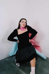 Women's vintage 1980's long sleeve black velvet dress with Polyester peplum skirt bottom