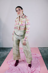 long sleeve cropped tie waist polyester blouse with green and pink bridge and cloud print vintage 1970's