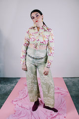 long sleeve cropped tie waist polyester blouse with green and pink bridge and cloud print vintage 1970's