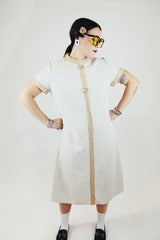 short sleeve white midi length dress with gold metallic dots and trim vintage 1970's