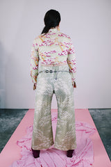 long sleeve cropped tie waist polyester blouse with green and pink bridge and cloud print vintage 1970's