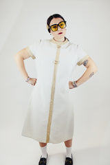 short sleeve white midi length dress with gold metallic dots and trim vintage 1970's