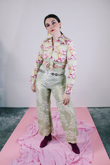 long sleeve cropped tie waist polyester blouse with green and pink bridge and cloud print vintage 1970's