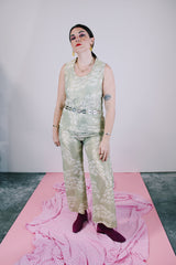 pale green with gold metallic accents sleeveless top and pants set vintage 1960's