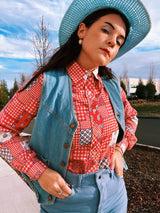 Long Sleeve Patchwork Printed Button Up Blouse