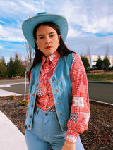 Long Sleeve Patchwork Printed Button Up Blouse