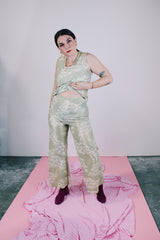 pale green with gold metallic accents sleeveless top and pants set vintage 1960's