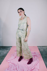 pale green with gold metallic accents sleeveless top and pants set vintage 1960's