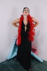 Women's vintage 1980's long ankle length sleeveless black polyester dress with a strappy cut out back